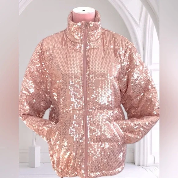 Grace + Emma All Over Sequence Puffer Jacket Coat Rose Gold Shiny Sparkly Med